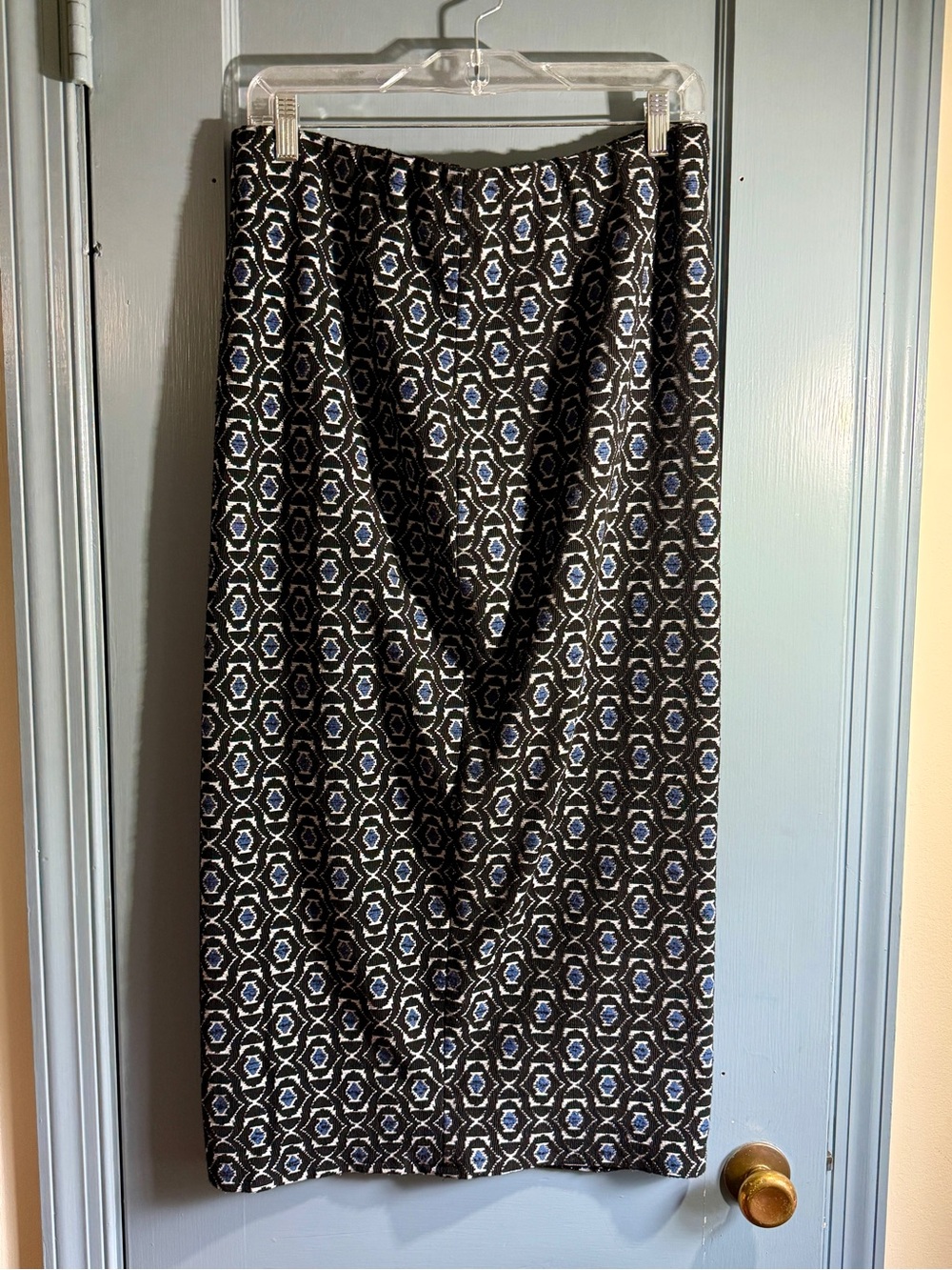 Geometric Black and Blue Pencil Midi Skirt